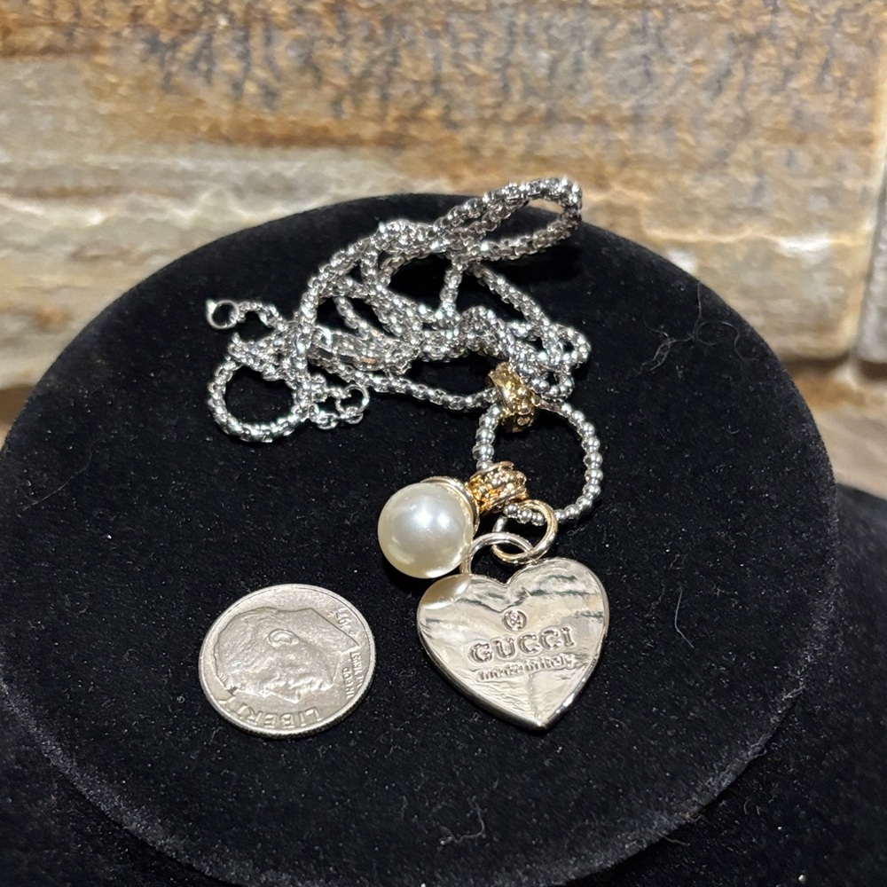 Silver Heart Pendant Necklace with Upcycled GG heart charm & Pearl Charm - Picture 6 of 6
